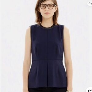 Madewell Peplum Top with Black Leather Trim Sleeveless Top Women’s SZ‎ 4 in Navy